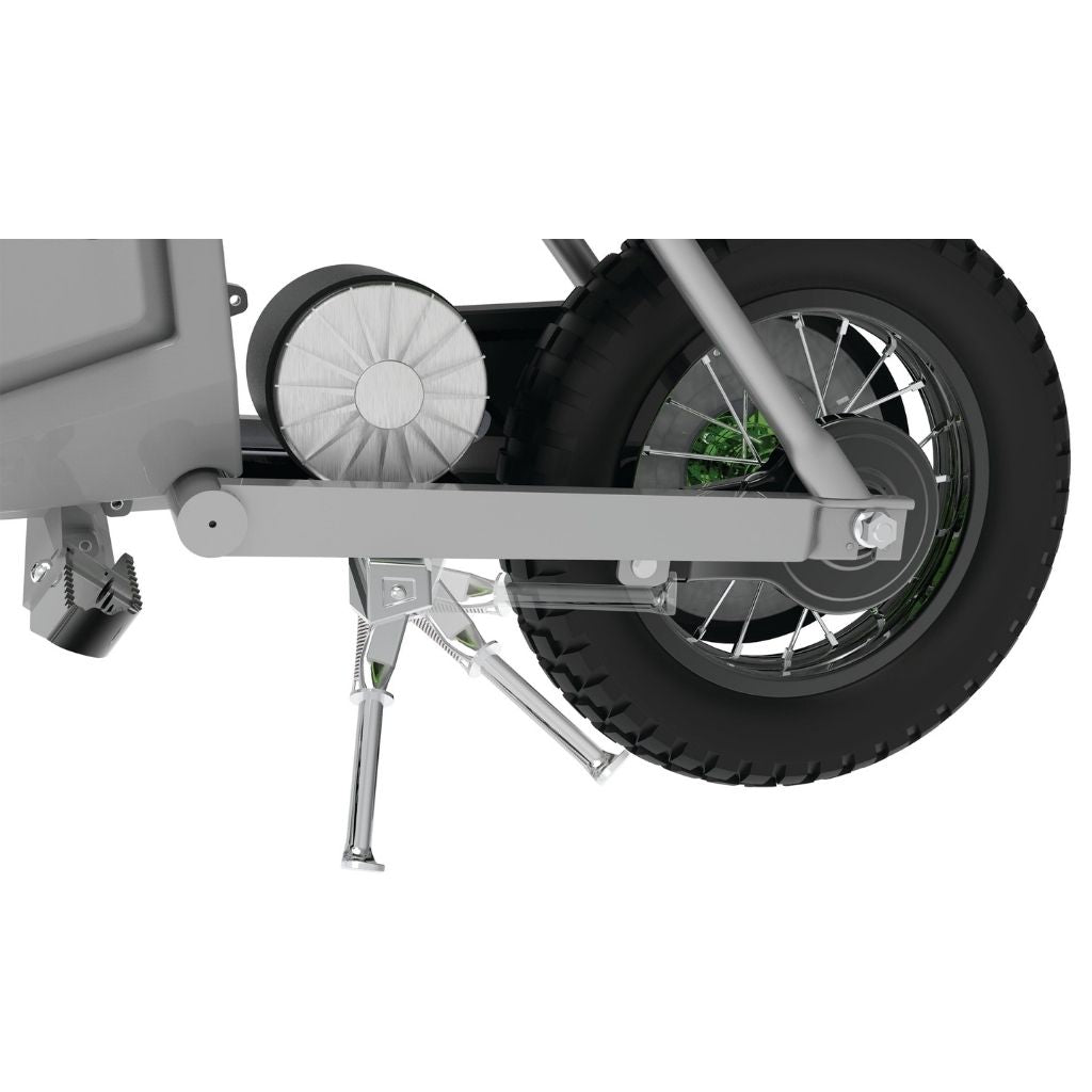 Close-up of a scooter's wheel and suspension system on a white background