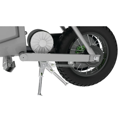 Close-up of a scooter's wheel and suspension system on a white background