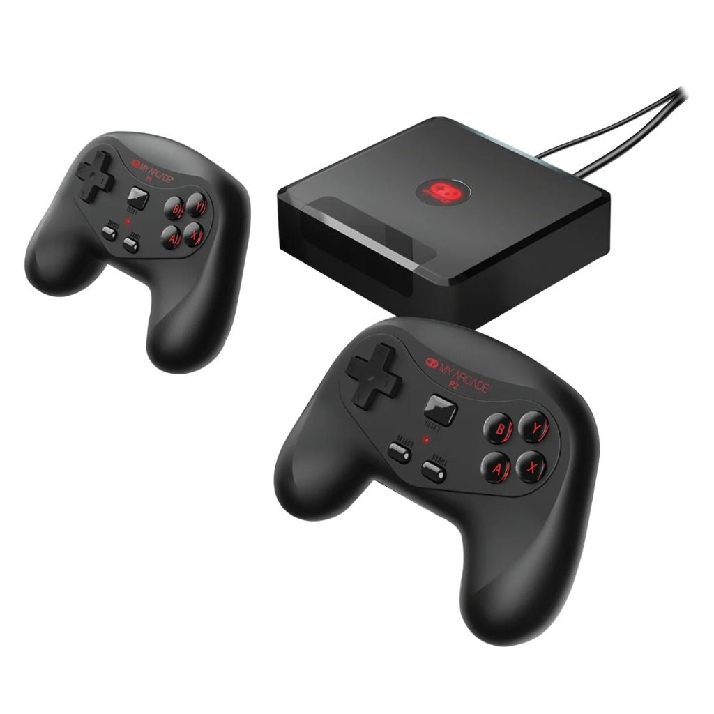 Black gaming console with two controllers on a white background