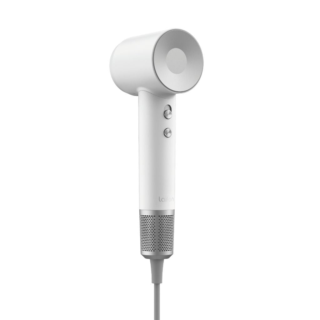 White hair dryer on a white background