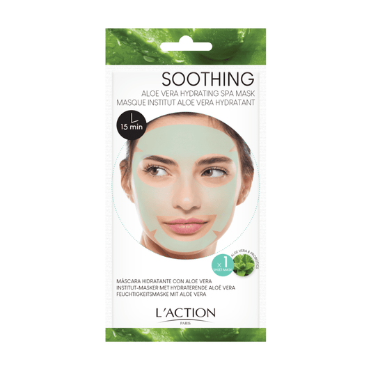 L'Action soothing aloe vera hydrating spa mask packaging with a woman wearing the mask.