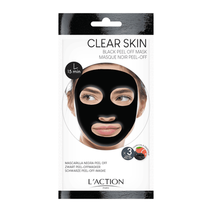 Clear Skin black peel-off mask packaging with a person wearing the mask on a white background.