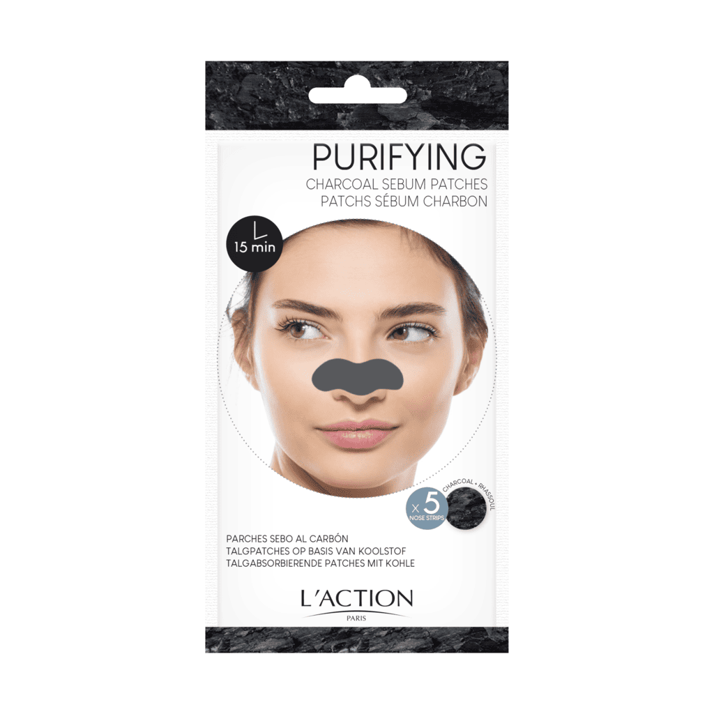 Pack of L'Action purifying charcoal sebum patches with a woman's face on the packaging.