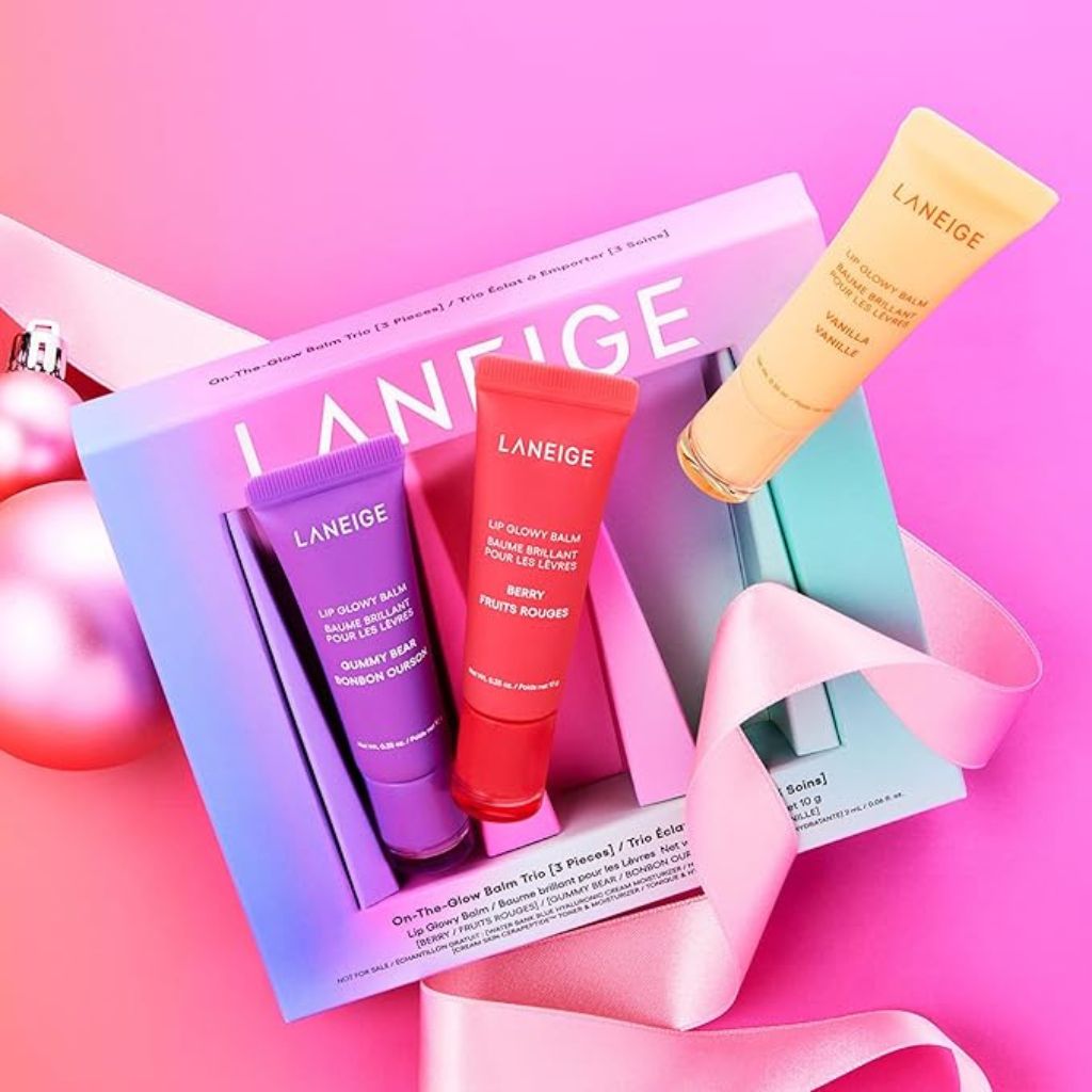 Laneige lip balm set with a pink background
