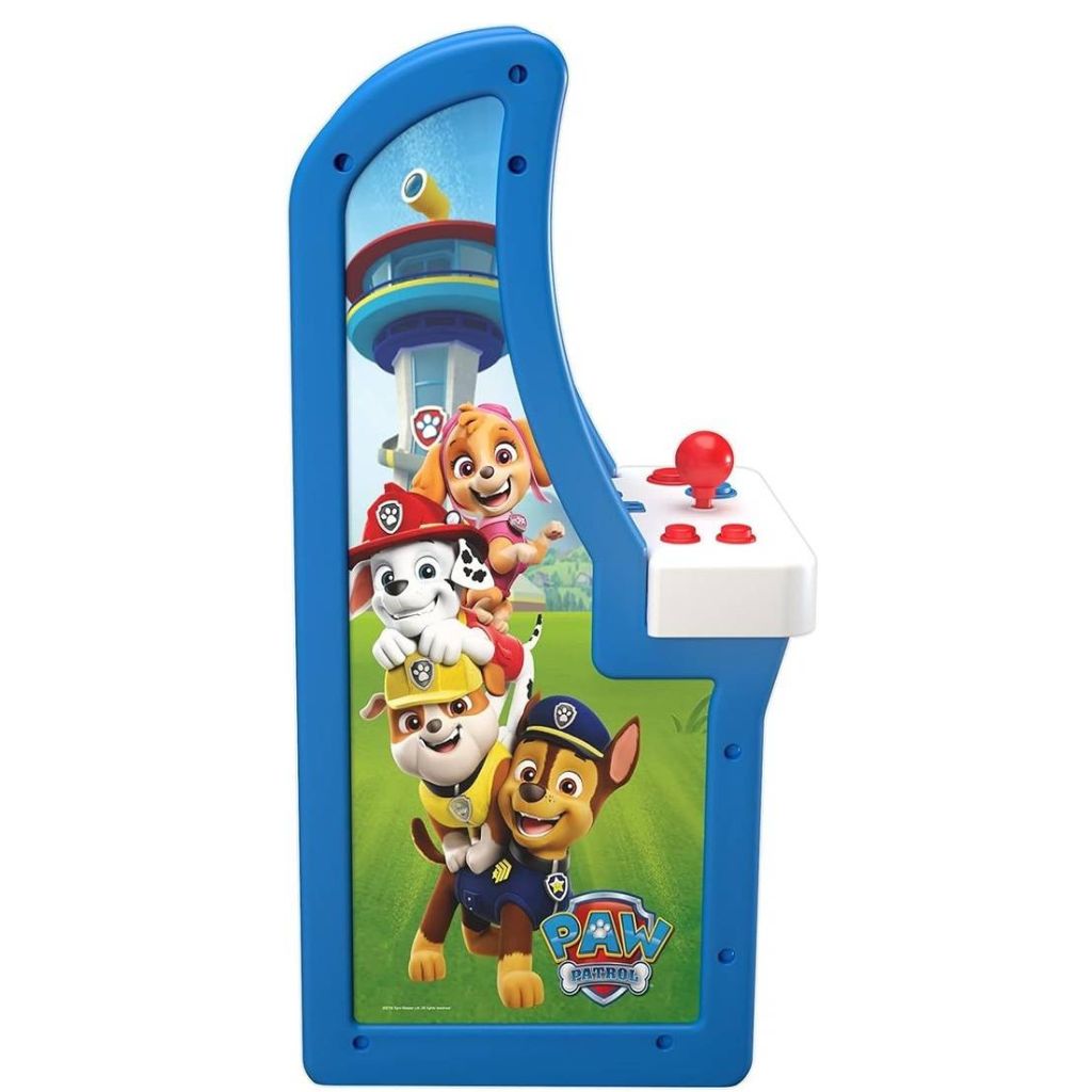 Paw Patrol-themed arcade machine on a white background
