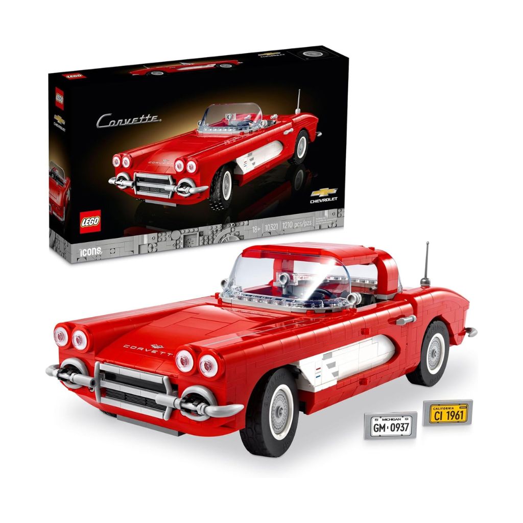 Red convertible car made of interlocking bricks with a LEGO box in the background