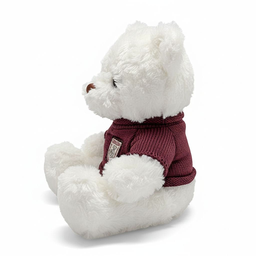 White teddy bear wearing a maroon sweater on a white background