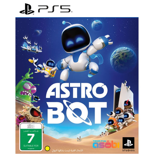 Astro Bot game cover for PS5 with robot character and space-themed background