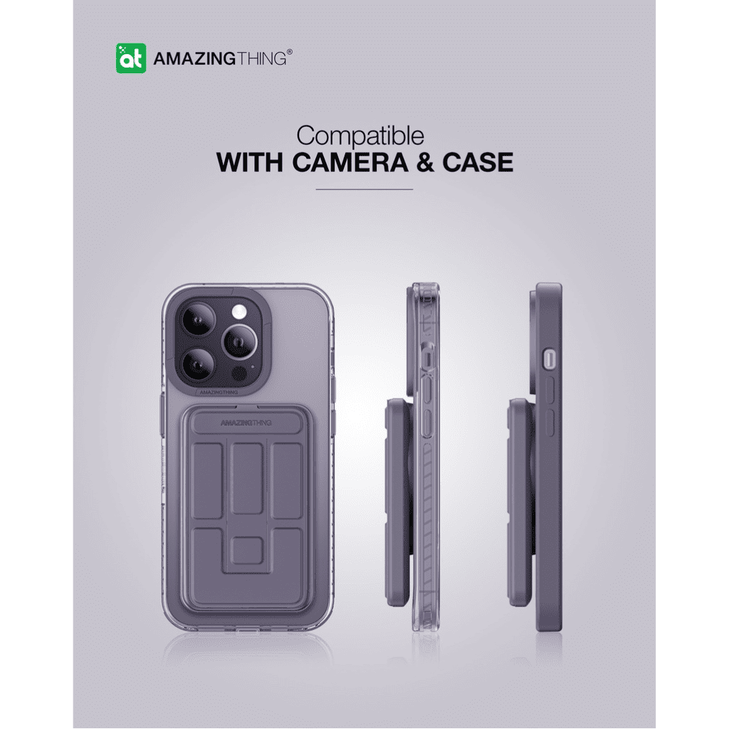 Phone case packaging with 'Amazing Thing' branding on a light gray background