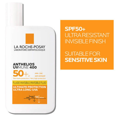La Roche-Posay sunscreen bottle with SPF50+ label on a white background