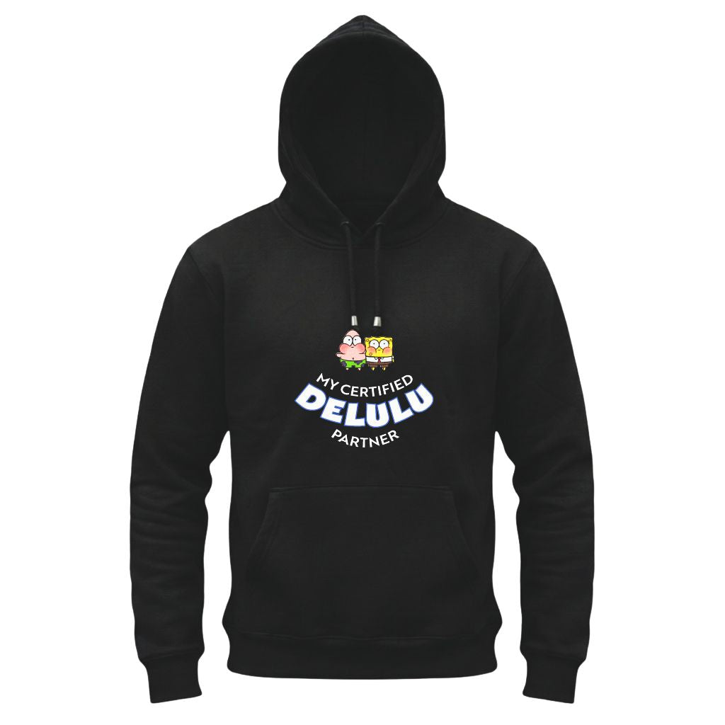 Black hoodie with cartoon characters and text on a white background