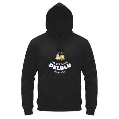 Black hoodie with cartoon characters and text on a white background