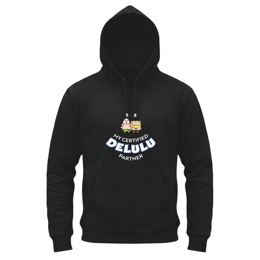 Black hoodie with cartoon characters and text on a white background