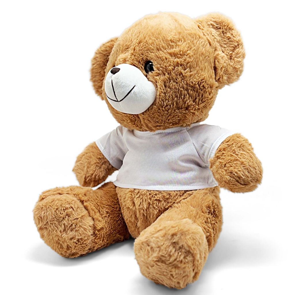 Brown teddy bear wearing a white shirt on a white background