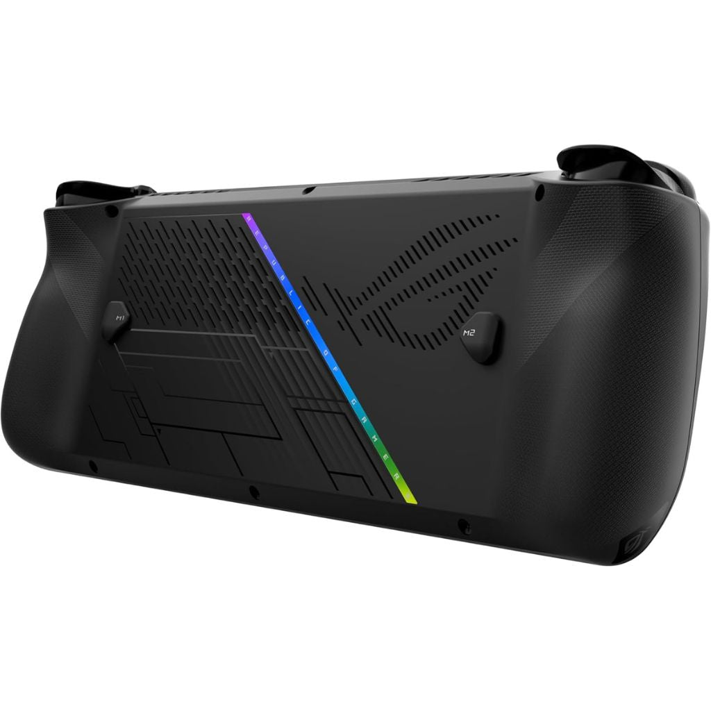 Black gaming console controller with RGB lighting on a white background