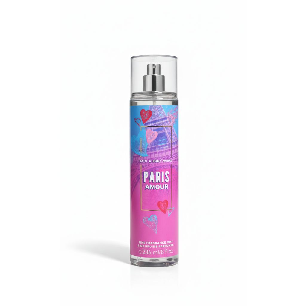 Perfume spray bottle with colorful label on a white background