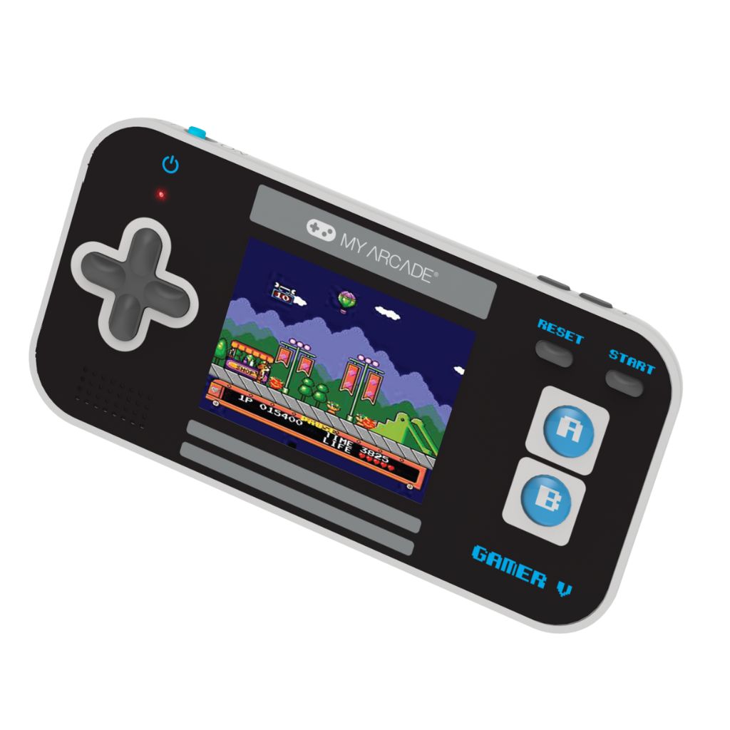 Handheld game console with screen displaying a classic game, brand 'My Arcade' visible.