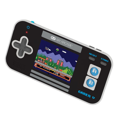 Handheld game console with screen displaying a classic game, brand 'My Arcade' visible.