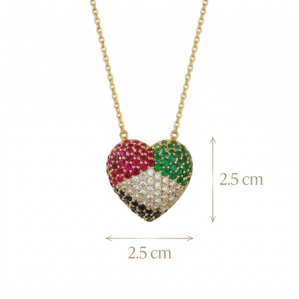 Heart-shaped necklace with colored stones and gold chain, shown with measurements on a white background.