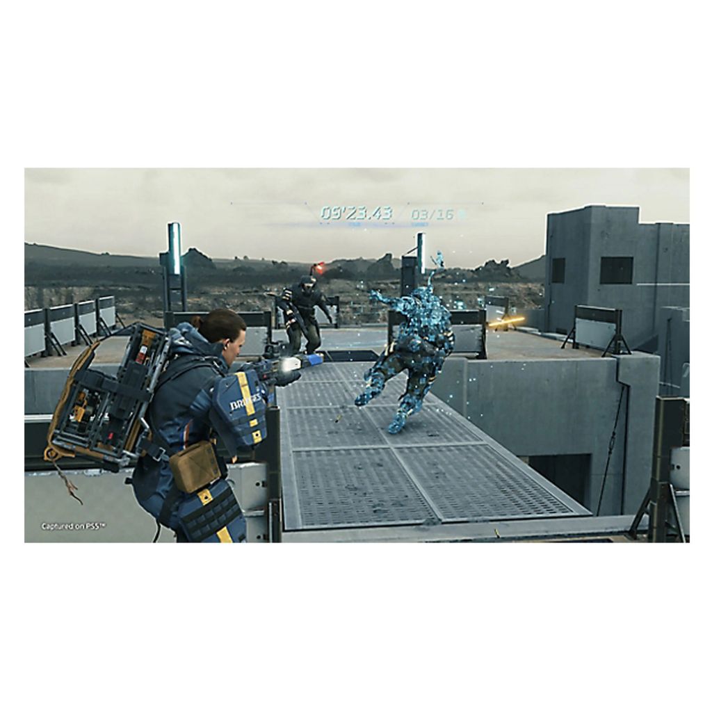 Video game scene with two characters on a rooftop, one in blue armor and the other in tactical gear.