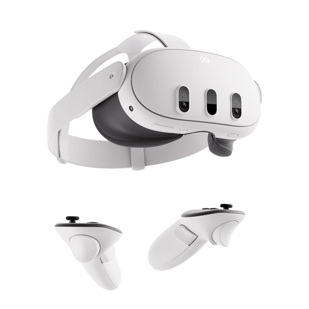 White VR headset and controllers on a white background
