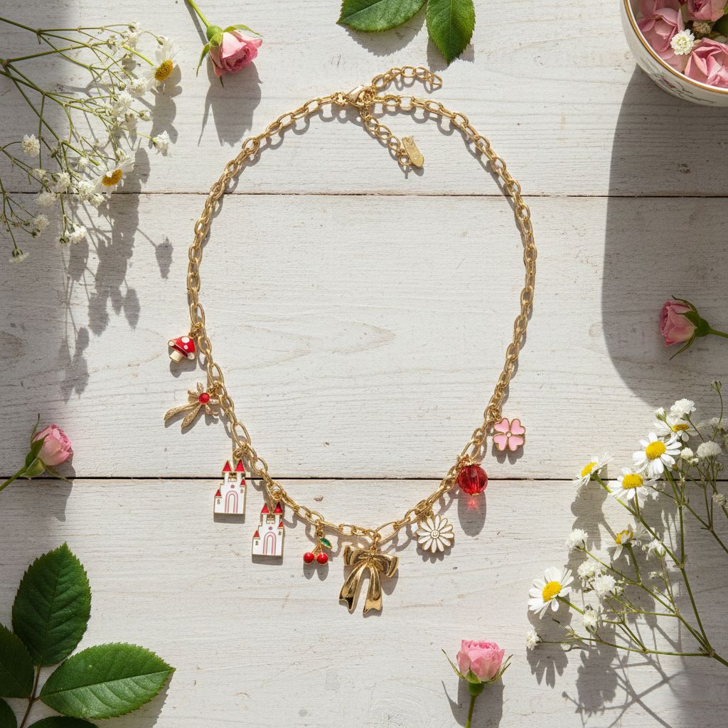Gold necklace with charms on a wooden surface with flowers
