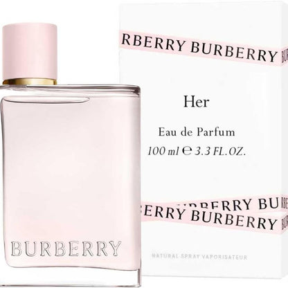 Burberry Her Eau de Parfum bottle and packaging on a white background