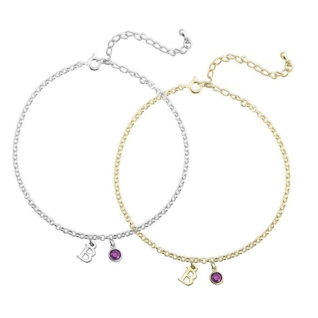 Two bracelets, one silver and one gold, with 'B' initials and purple gemstones on a white background.
