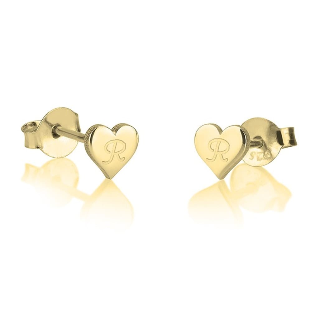Gold heart-shaped earrings with initials on a white background