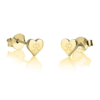 Gold heart-shaped earrings with initials on a white background