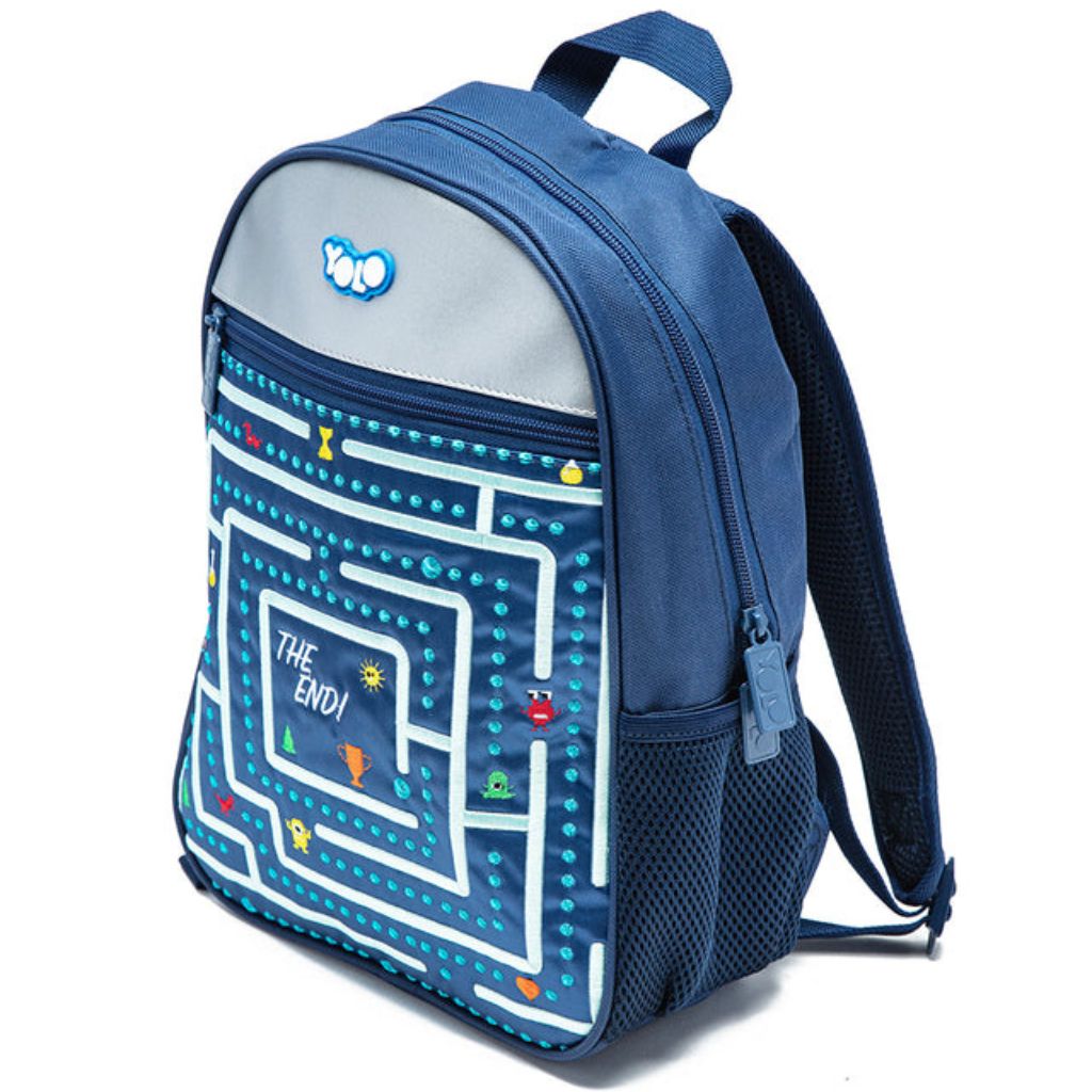 Blue backpack with Pac-Man design on a white background