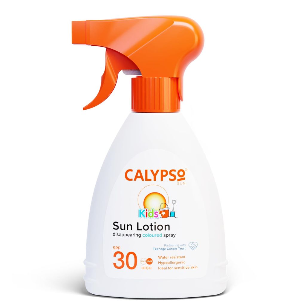 Calypso Kids sun lotion spray bottle with orange nozzle on a white background