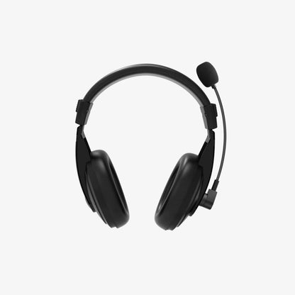Black headset with microphone on a white background