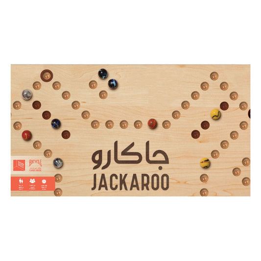 Wooden board game box with 'JACKAROO' branding and colorful pieces on a white background