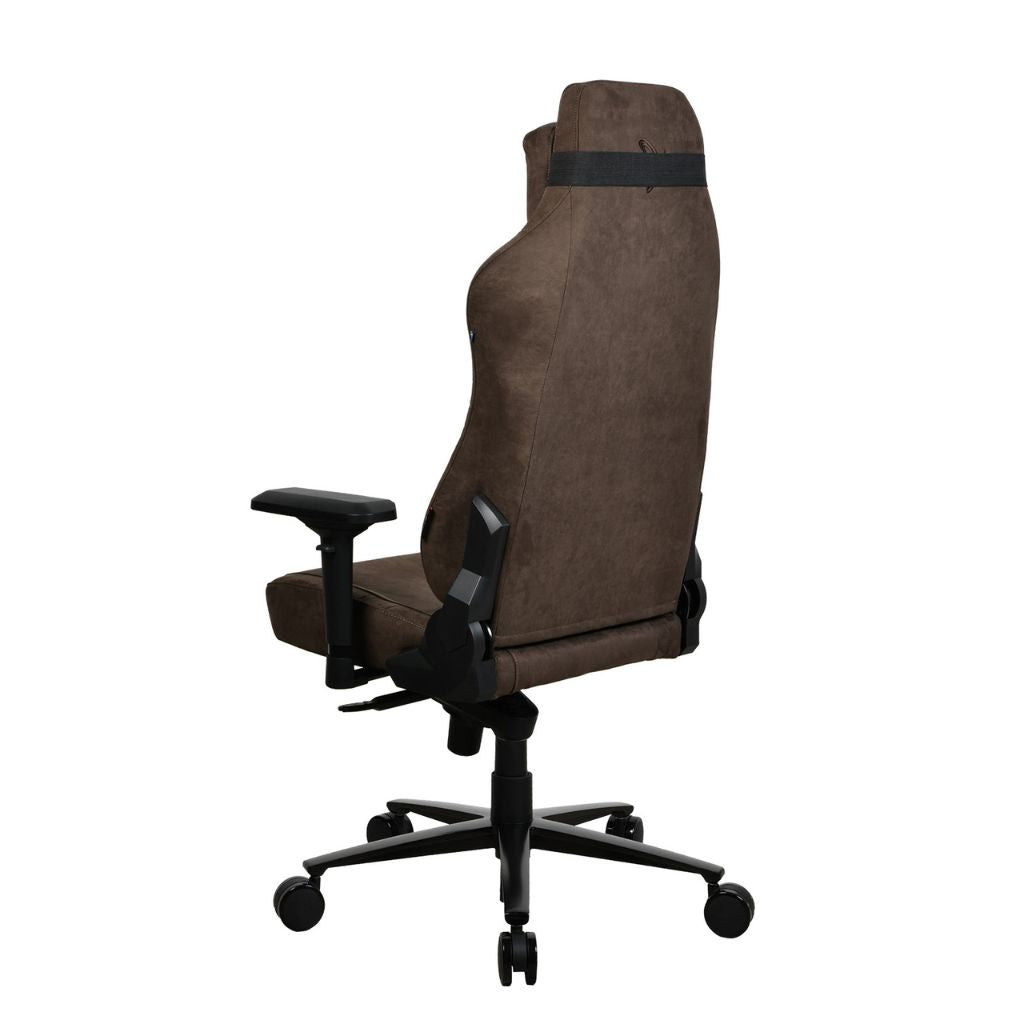 Brown office chair with black wheels and armrests on a white background