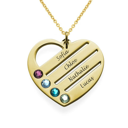 Angled Design Engraved Names Heart Necklace With Birthstones