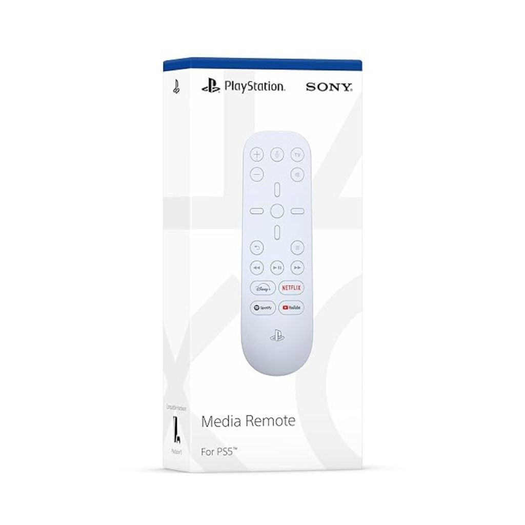 PlayStation media remote packaging with remote control illustration on a white background