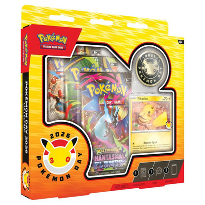 Pokémon trading card game packaging with Pikachu illustration on a white background