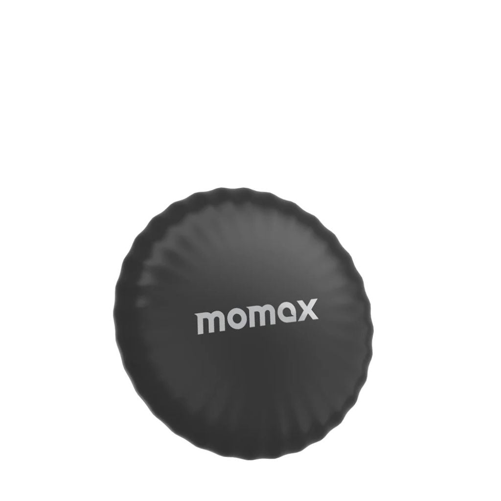 Black circular product with 'momax' branding on a white background