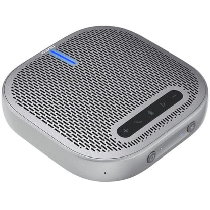 Portable speaker with control buttons on a white background