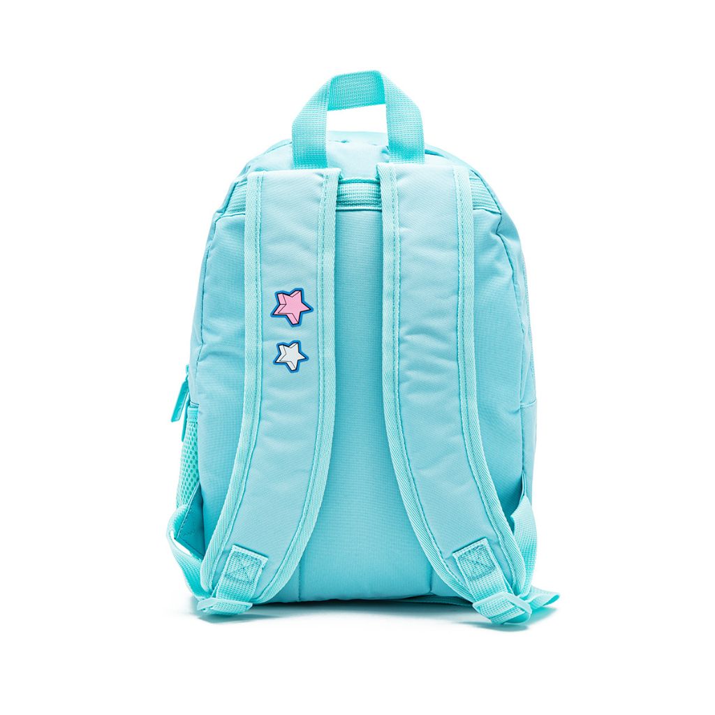 Light blue backpack with star designs on a white background