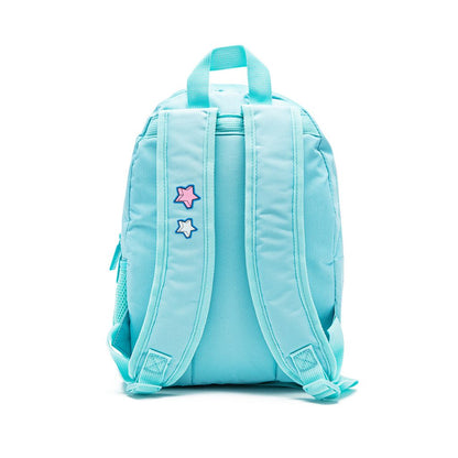 Light blue backpack with star designs on a white background