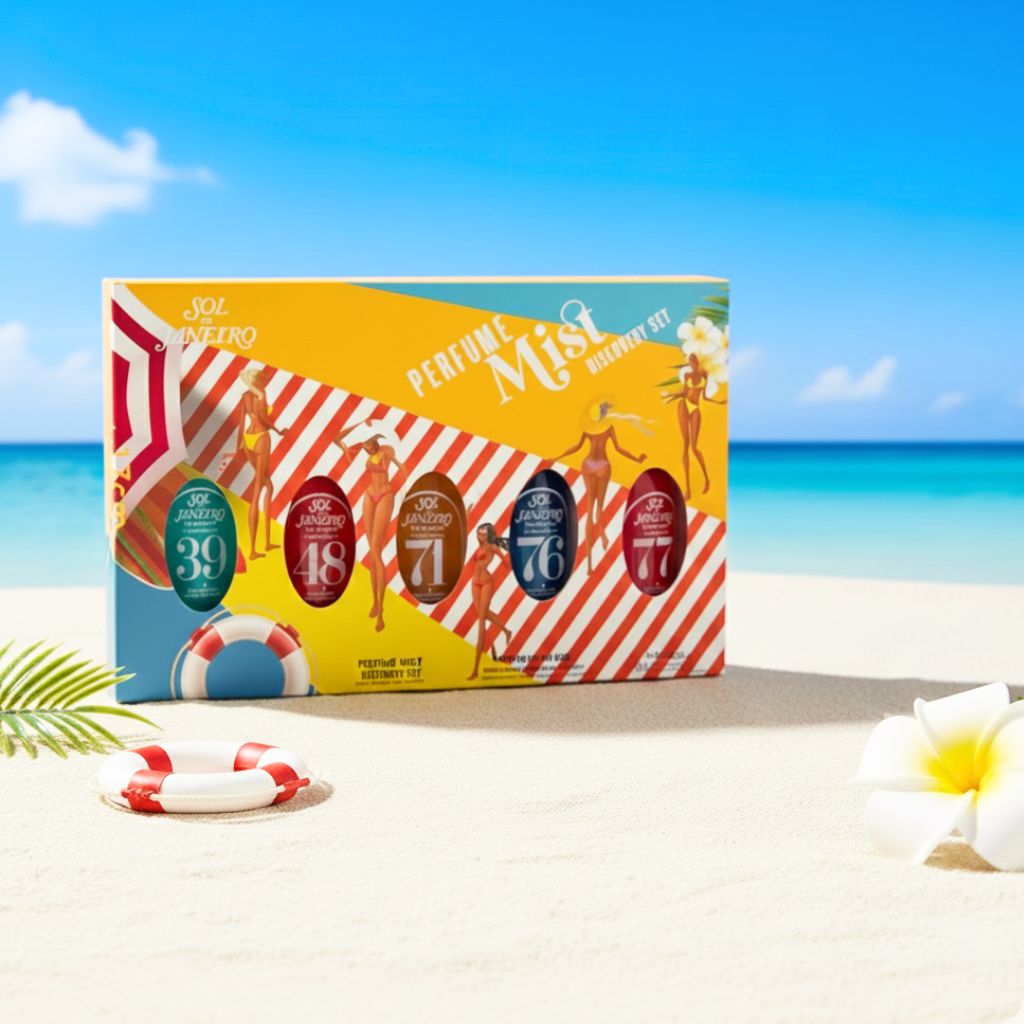 Perfume mist set packaging with beach background