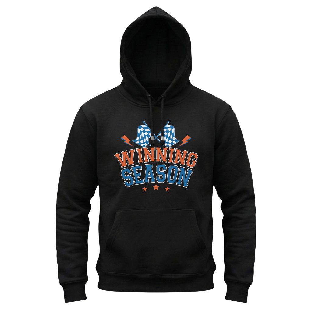 Black hoodie with 'Winning Season' text and graphics on a white background