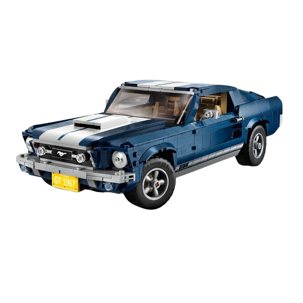 Blue and white sports car model made of interlocking bricks on a white background