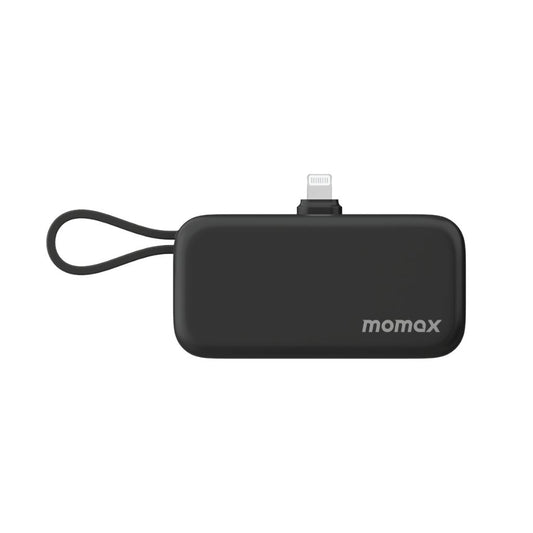 Black power bank with USB-C and Lightning connectors on a white background, featuring the Momax brand.