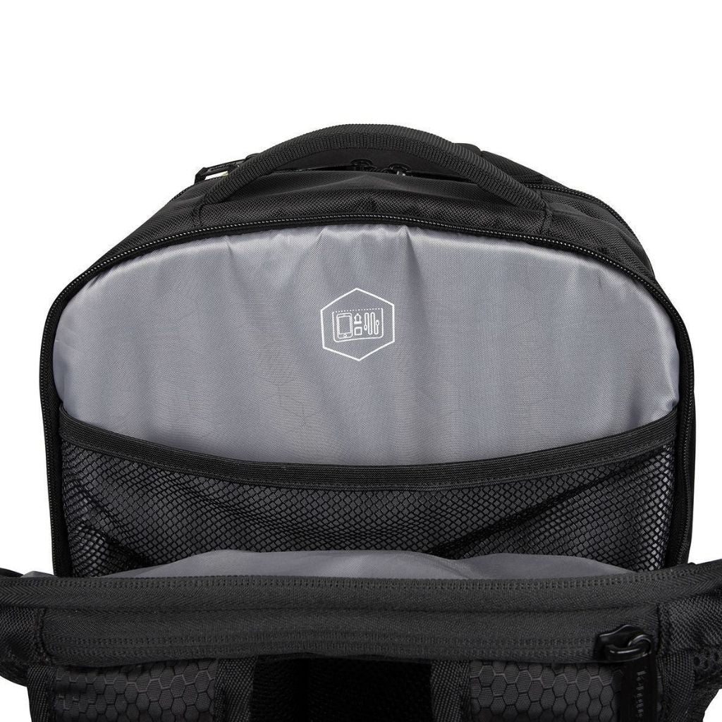 Black backpack with a visible brand logo on a white background