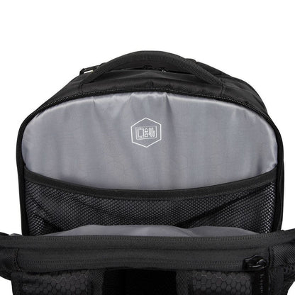 Black backpack with a visible brand logo on a white background