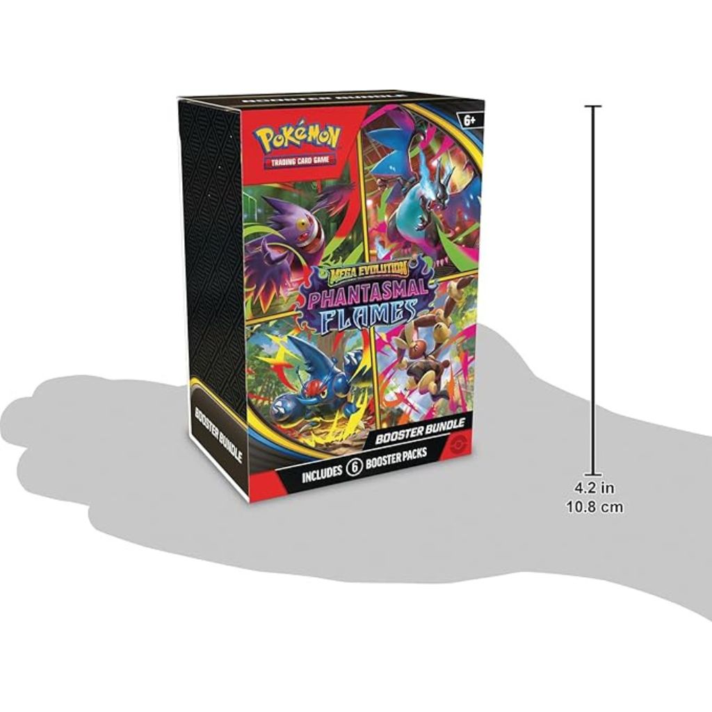 Pokémon TCG: Mega Evolution—Phantasmal Flames Booster Bundle box measurement with white background