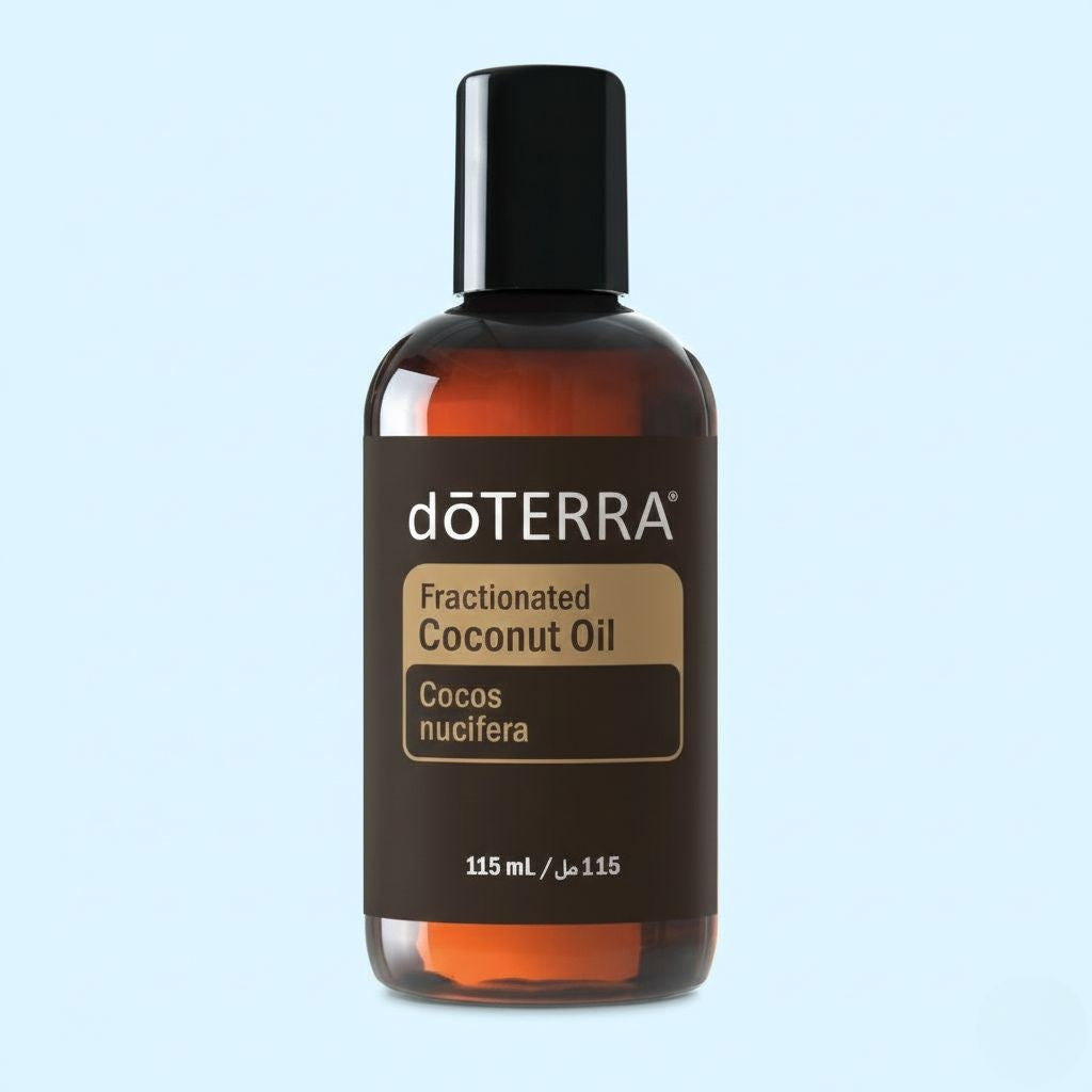 doTERRA Fractionated Coconut Oil bottle on a light blue background